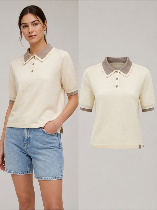 Hunter Tops - Hunter Contrast Trim Knit Polo Top Chalk Cream Taupe Short Sleeve Collared Shirt